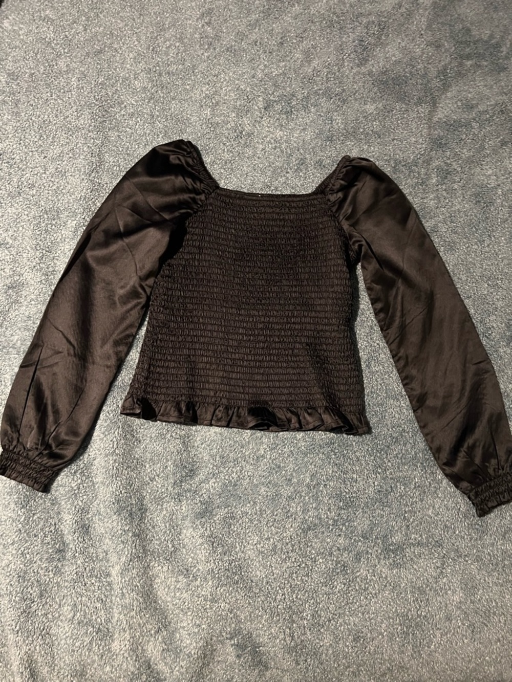 Self Esteem Black Satin Puff Long Sleeve Smocked Top